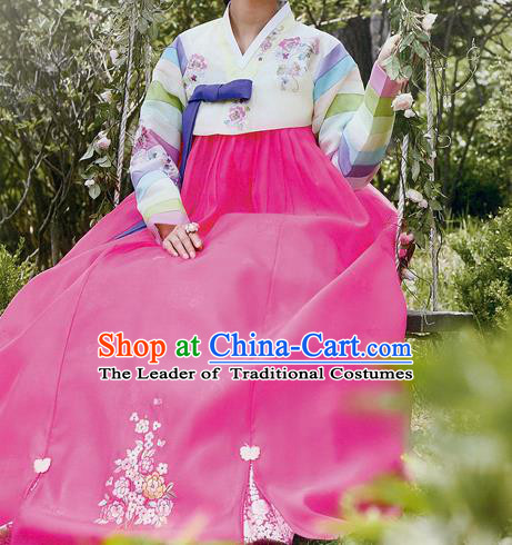 Traditional Korean Costumes Princess Yellow Blouse and Pink Dress, Asian Korea Hanbok Court Embroidered Clothing for Women