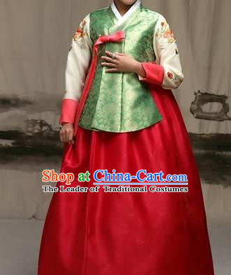 Traditional Korean Costumes Imperial Palace Lady Wedding Green Blouse and Red Dress, Asian Korea Hanbok Court Bride Embroidered Clothing for Women