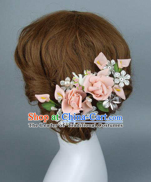 Top Grade Handmade Wedding Hair Accessories Pink Rose Hair Claw, Baroque Style Bride Headwear for Women