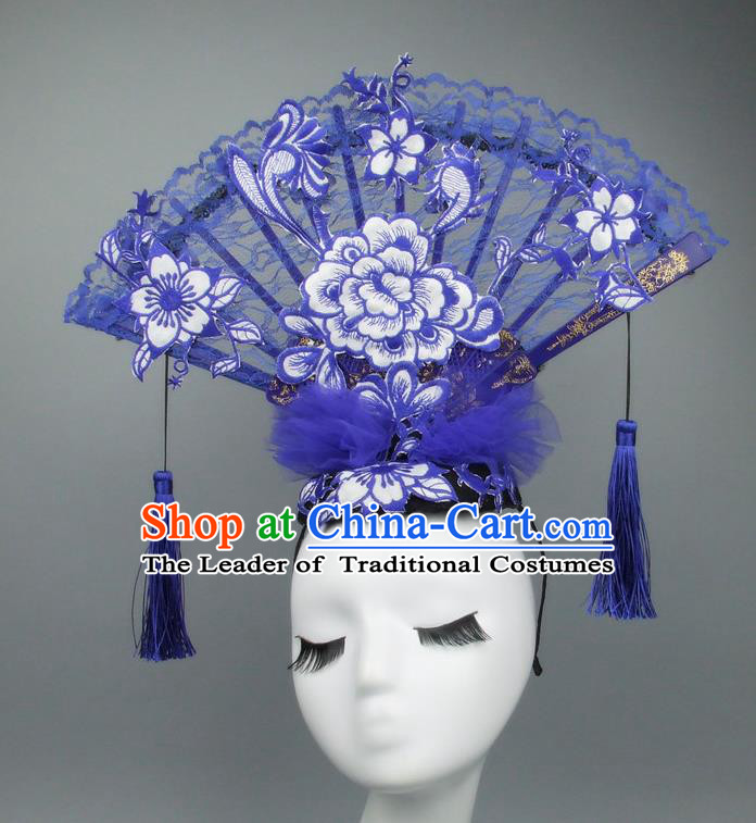 Asian China Theatrical Ornamental Flowers Floral Hair Accessories Model Show Lace Headdress, Traditional Chinese Manchu Lady Headwear for Women