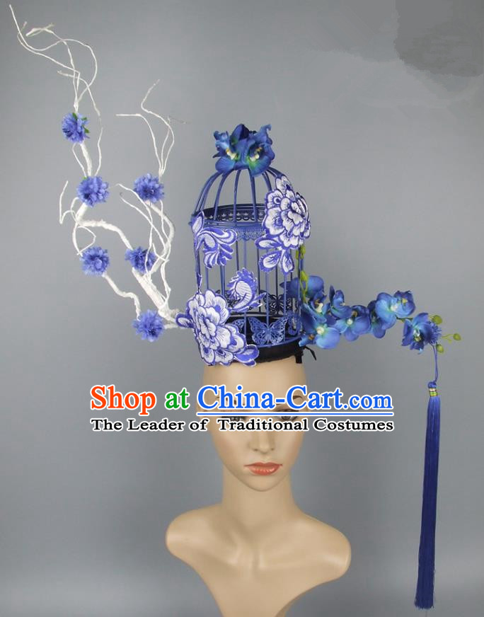 Asian China Theatrical Ornamental Birdcage Hair Accessories Model Show Embroidery Headdress, Traditional Chinese Manchu Lady Headwear for Women