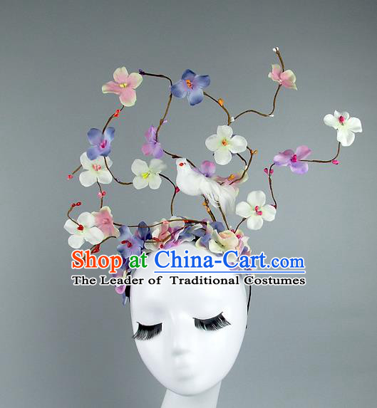 Asian China Colorful Flowers Hair Accessories Model Show Headdress, Halloween Ceremonial Occasions Miami Deluxe Headwear