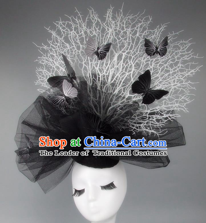 Asian China Exaggerate Hair Accessories Model Show Black Veil Butterfly Headdress, Halloween Ceremonial Occasions Miami Deluxe Headwear