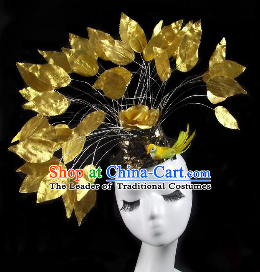 Asian China Exaggerate Hair Accessories Model Show Golden Feather Hat, Halloween Ceremonial Occasions Miami Deluxe Headwear