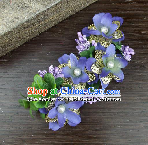 Traditional Handmade Classical Wedding Hair Accessories, Baroque Bride Purple Flowers Hair Clasp for Women