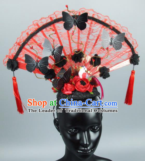 Traditional Handmade Chinese Ancient Hair Accessories, Qin Dynasty Queen Hat Red Lace Headwear Hair Fascinators Tuinga for Women