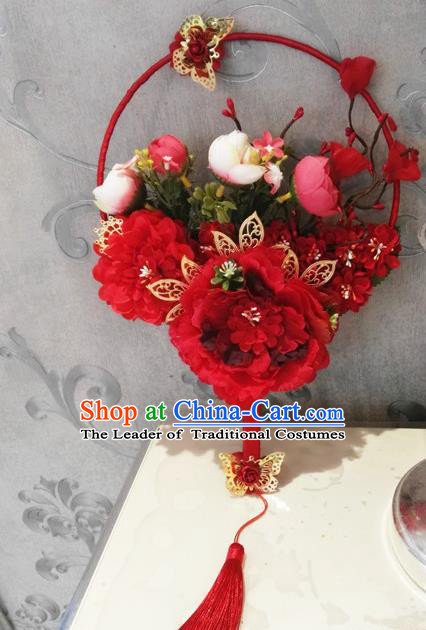 Traditional Handmade Chinese Ancient Wedding Catwalks Round Fans, Hanfu Palace Lady Bride Red Peony Mandarin Fans for Women