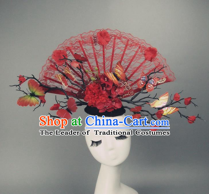 Traditional Handmade Chinese Ancient Hair Accessories, Qin Dynasty Red Lace Hat Headwear Model Show Headdress Tuinga for Women
