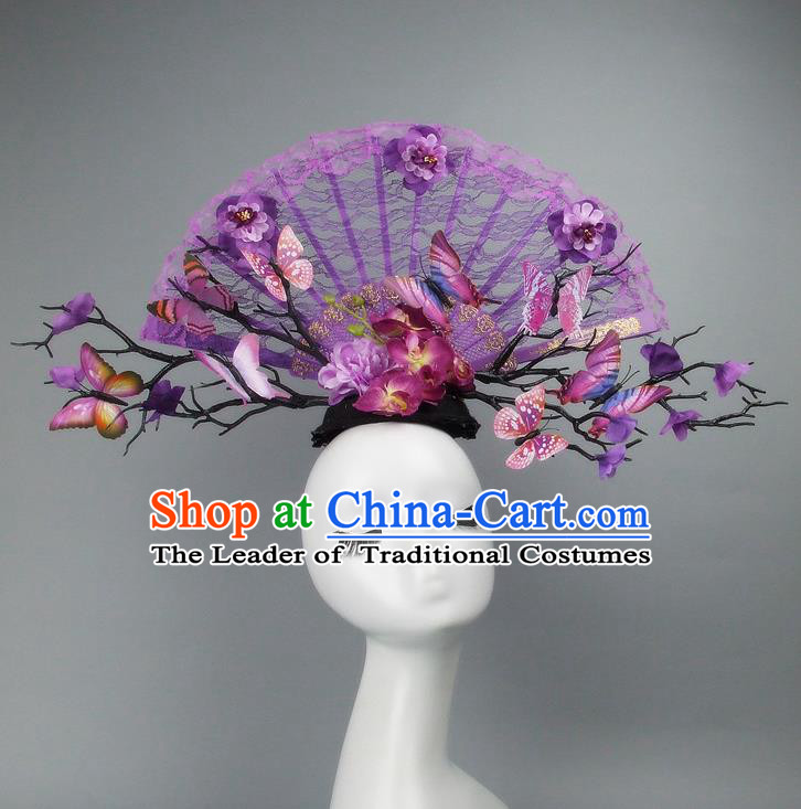 Traditional Handmade Chinese Ancient Hair Accessories, Qin Dynasty Purple Lace Hat Headwear Model Show Headdress Tuinga for Women