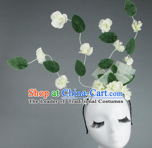 Asian China Exaggerate Hair Accessories Model Show White Flowers Headpiece, Halloween Ceremonial Occasions Miami Deluxe Headwear