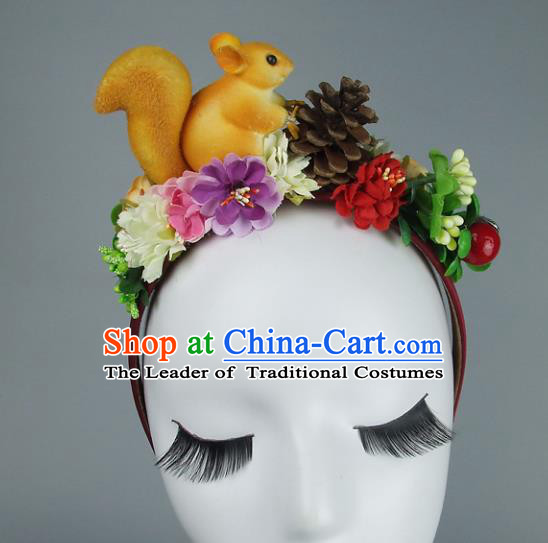 Asian China Exaggerate Hair Accessories Model Show Squirrel Flowers Headpiece, Halloween Ceremonial Occasions Miami Deluxe Headwear
