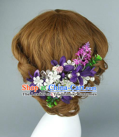 Top Grade Handmade Hair Accessories Princess Ceramics Flowers Purple Hair Clasp, Baroque Style Wedding Bride Headband for Women