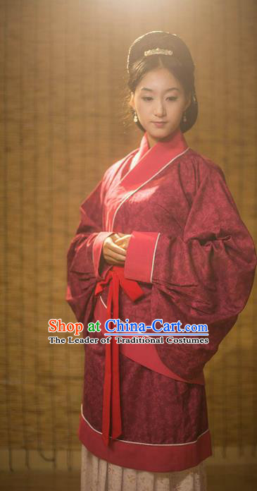 Traditional Chinese Han Dynasty Palace Lady Wedding Costume, Asian China Ancient Hanfu Red Curve Bottom Clothing for Women