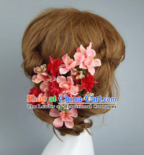 Top Grade Handmade Wedding Hair Accessories Pink Flowers Hair Stick, Baroque Style Bride Headwear for Women