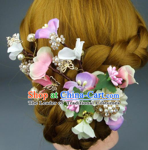 Top Grade Handmade Wedding Hair Accessories Pearls Silk Flowers Hair Stick, Baroque Style Bride Headwear for Women