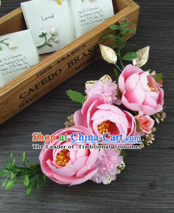 Top Grade Handmade Wedding Hair Accessories Pink Silk Rose Flowers Hair Stick Headpiece, Baroque Style Bride Headwear for Women