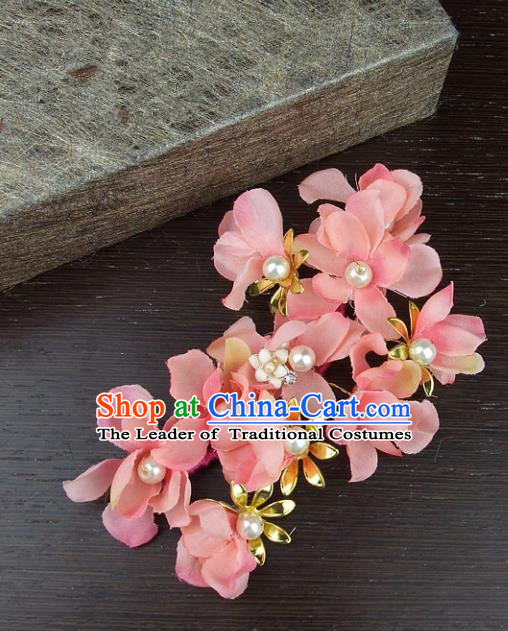 Top Grade Handmade Wedding Hair Accessories Pink Silk Flowers Pearls Hair Stick, Baroque Style Bride Headwear for Women
