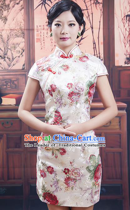 Traditional Chinese National Costume Tang Suit Short White Silk Qipao, China Ancient Cheongsam Printing Chirpaur Dress for Women