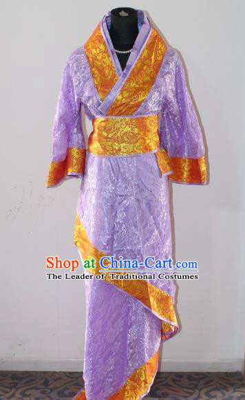 Asian China Ancient Han Dynasty Palace Lady Costume, Traditional Chinese Hanfu Embroidered Purple Curve Bottom Clothing for Women