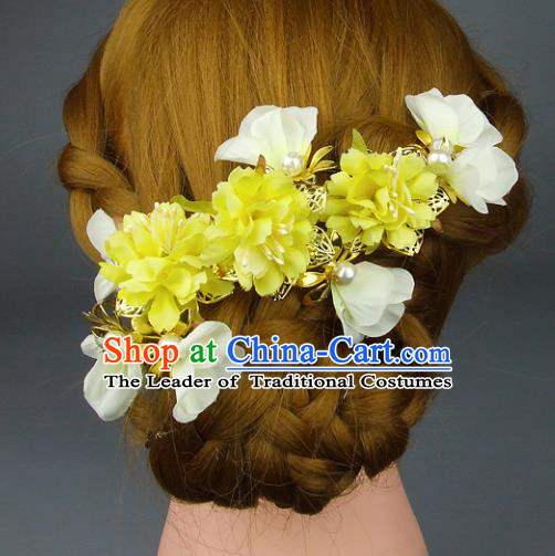Top Grade Handmade Wedding Hair Accessories Yellow Headdress Silk Flowers, Baroque Style Bride Pearls Headwear for Women