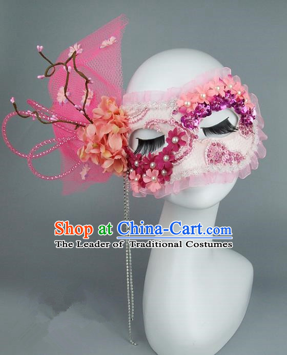 Top Grade Handmade Exaggerate Fancy Ball Accessories Model Show Pink Veil Bowknot Mask, Halloween Ceremonial Occasions Face Mask