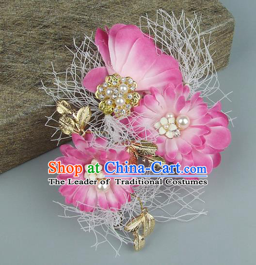 Top Grade Handmade Wedding Hair Accessories Pink Flowers Headdress, Baroque Style Bride Headwear for Women