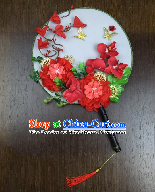 Traditional Handmade Chinese Ancient Wedding Red Round Fans, Hanfu Palace Lady Bride Mandarin Fans for Women