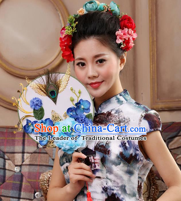 Traditional Handmade Chinese Ancient Wedding Blue Peony Feather Round Fans, Hanfu Palace Lady Bride Mandarin Fans for Women