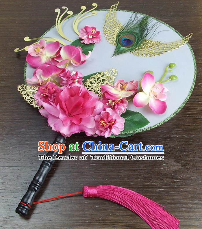 Traditional Handmade Chinese Ancient Wedding Rosy Peony Feather Round Fans, Hanfu Palace Lady Bride Mandarin Fans for Women