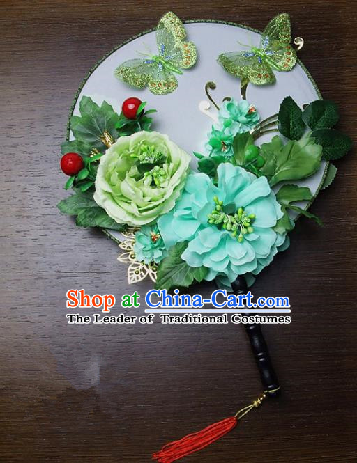 Traditional Handmade Chinese Ancient Wedding Green Peony Feather Round Fans, Hanfu Palace Lady Bride Mandarin Fans for Women
