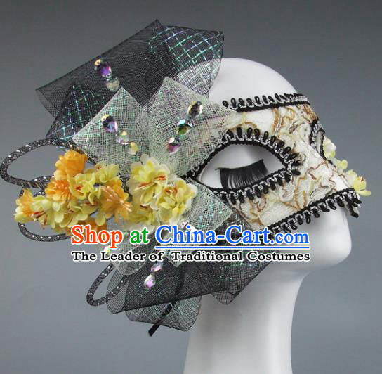 Top Grade Handmade Exaggerate Fancy Ball Accessories Model Show Veil Yellow Flowers Mask, Halloween Ceremonial Occasions Face Mask