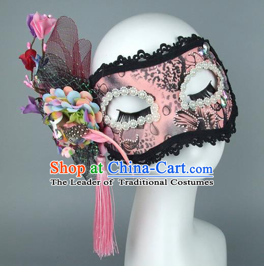 Top Grade Handmade Exaggerate Fancy Ball Accessories Pink Lace Mask, Halloween Model Show Ceremonial Occasions Face Mask