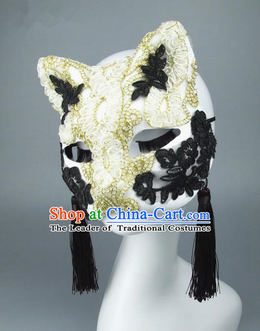 Handmade Halloween Fancy Ball Accessories Cat White Lace Mask, Ceremonial Occasions Miami Face Mask