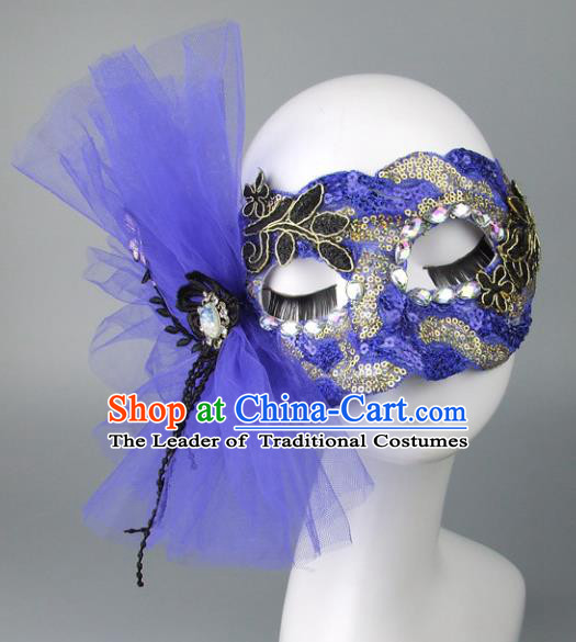 Handmade Halloween Fancy Ball Accessories Cat Blue Bowknot Mask, Ceremonial Occasions Miami Model Show Face Mask
