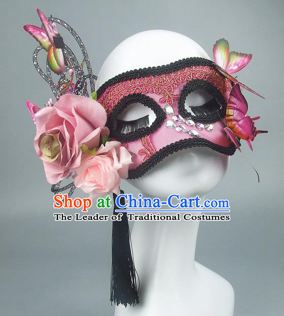 Handmade Halloween Fancy Ball Accessories Pink Flowers Butterfly Mask, Ceremonial Occasions Miami Model Show Face Mask