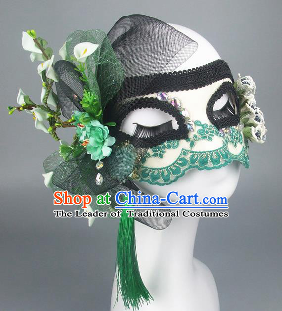 Handmade Halloween Fancy Ball Accessories Green Flowers Mask, Ceremonial Occasions Miami Model Show Lace Face Mask