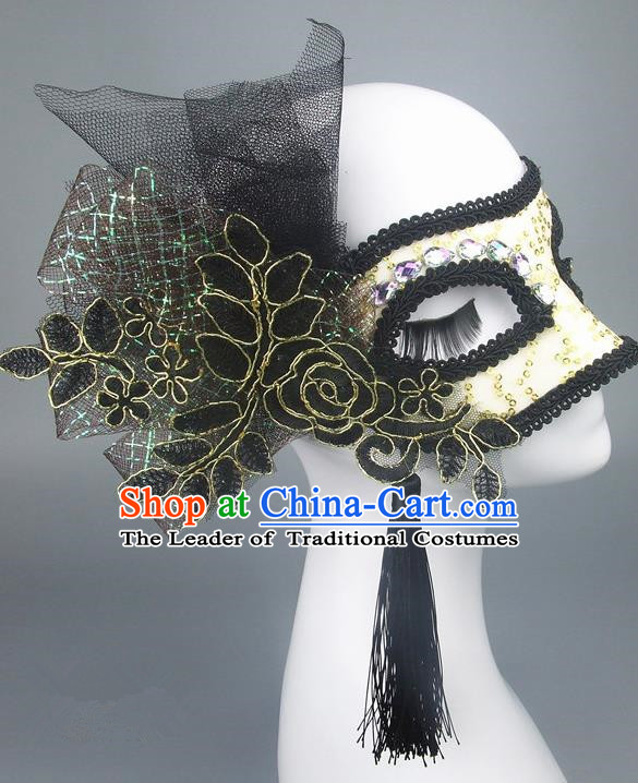 Handmade Halloween Fancy Ball Accessories Black Veil Lace Mask, Ceremonial Occasions Miami Model Show Face Mask