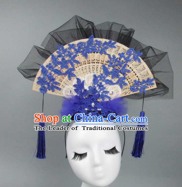 Handmade Asian Chinese Fan Hair Accessories Blue Lace Headwear, Halloween Ceremonial Occasions Miami Model Show Tassel Headdress