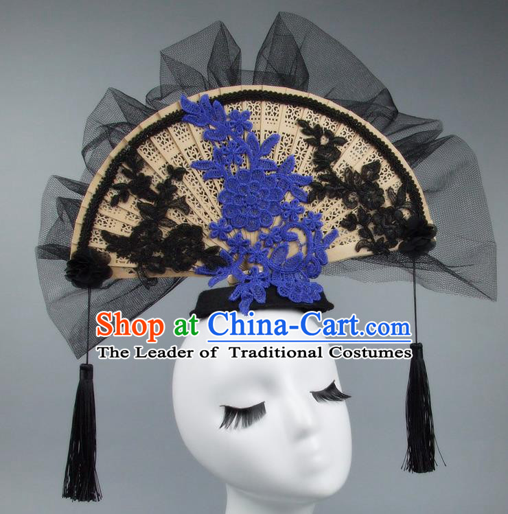 Handmade Asian Chinese Fan Hair Accessories Black Veil Headwear, Halloween Ceremonial Occasions Miami Model Show Tassel Headdress