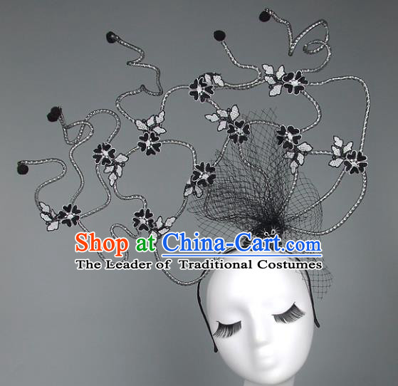 Handmade Halloween Fancy Ball Hair Accessories Black Veil Headwear, Ceremonial Occasions Miami Model Show Headdress
