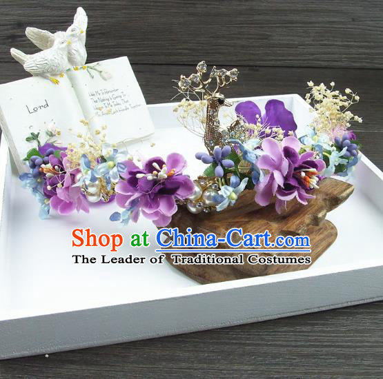 Top Grade Handmade Wedding Hair Accessories Purple Flowers Hair Stick, Baroque Style Bride Headwear for Women