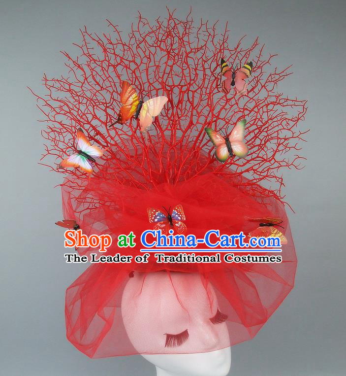 Handmade Exaggerate Fancy Ball Hair Accessories Red Veil Butterfly Headwear, Halloween Ceremonial Occasions Model Show Headdress