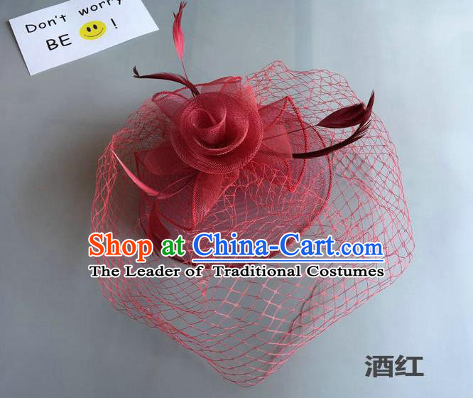 Top Grade Handmade Wedding Hair Accessories Wine Red Feather Veil Headwear, Baroque Style Bride Silk Headdress for Women