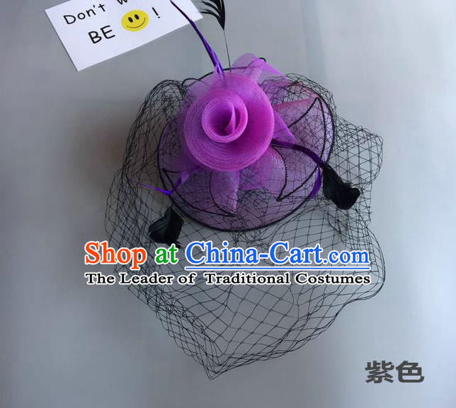 Top Grade Handmade Wedding Hair Accessories Purple Feather Veil Headwear, Baroque Style Bride Silk Headdress for Women