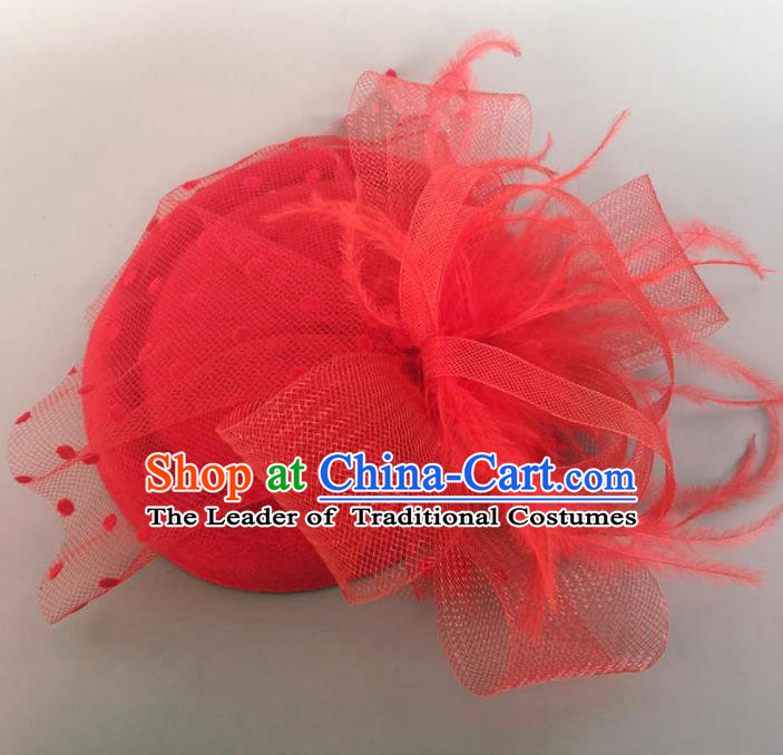 Handmade Vintage Hair Accessories Veil Red Flower Top Hat Headwear, Bride Ceremonial Occasions Model Show Headdress
