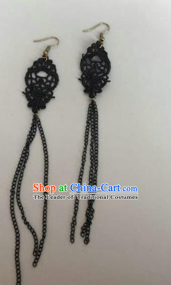 Handmade Wedding Accessories Black Lace Tassel Earrings, Bride Ceremonial Occasions Vintage Eardrop