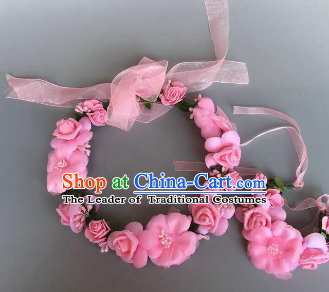 Handmade Baroque Wedding Hair Accessories Pink Flowers Garland Headwear, Bride Ceremonial Occasions Vintage Hair Clasp for Women