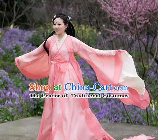 Traditional Chinese Ancient Peri Embroidered Costume, China Ten great III of peach blossom Princess Fairy Pink Dress Clothing