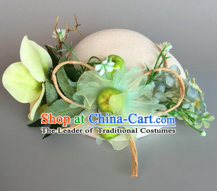 Handmade Baroque Hair Accessories Model Show Green Silk Top Hat, Bride Ceremonial Occasions Flowers Headwear for Women