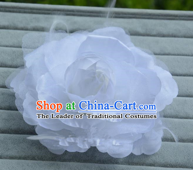 Handmade Baroque Hair Accessories Model Show White Feather Flower Hair Stick, Bride Ceremonial Occasions Headwear for Women